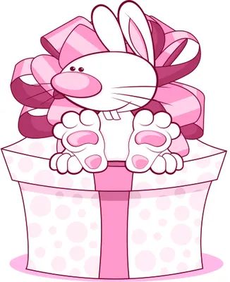 An illustration of a smiling white rabbit with pink bow ears peeking out of a pink and white polka-dot gift box.