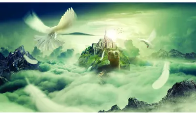 A fantasy landscape painting showing a castle perched on a misty island surrounded by green clouds, with white doves flying overhead and dark mountains visible in the background.