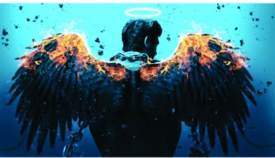 A dark silhouetted figure with large wings glowing with golden-orange edges against a turquoise blue background with floating particles.