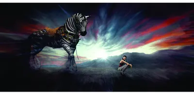 A 3D rendered scene shows a small child standing in a vast landscape facing a towering mechanical zebra beneath a dramatic sky with purple and orange storm clouds.