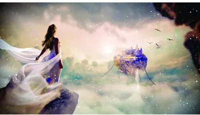 A woman in a flowing purple gown stands on a rocky cliff, her fabric billowing in the wind, gazing towards a blue castle floating among clouds in a misty, starlit landscape.