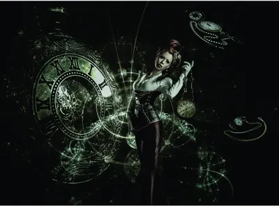 An illustrated figure surrounded by intricate mechanical gears, celestial spheres, and swirling green light effects against a black background.