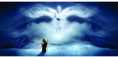 A glowing angelic figure with outstretched wings hovers above a solitary person standing in a snowy mountain landscape under a deep blue sky.