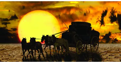 Silhouette of a horse-drawn cart and driver against a massive golden sun on a desert horizon with stormy orange sky.