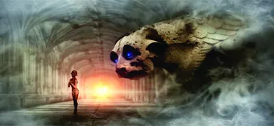 A digital painting showing a small human figure facing a large mystical winged creature with glowing blue eyes in an arched architectural space lit by golden light.