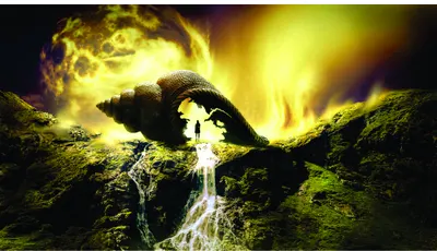 A waterfall flows through a moss-covered cave opening, illuminated by a luminous golden light from above.
