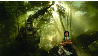 A young girl in a red jacket sits calmly beside a large gorilla on a mossy forest path, surrounded by tall trees and golden sunlight streaming through the canopy.