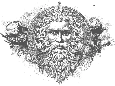 Black and white illustration of a bearded classical face with ornate decorative border, surrounded by ink splatter effects.