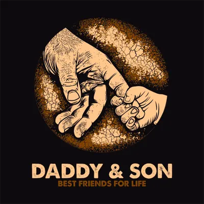 Illustration of a man's and boy's hands cradling a tree sapling against a textured gold circle on black background, with text reading 'Daddy and Son Best Friends for Life'.