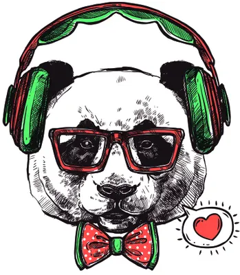 Illustration of a panda wearing green and red headphones, red-framed glasses, a red and green bow tie, with a small red heart beside its head.