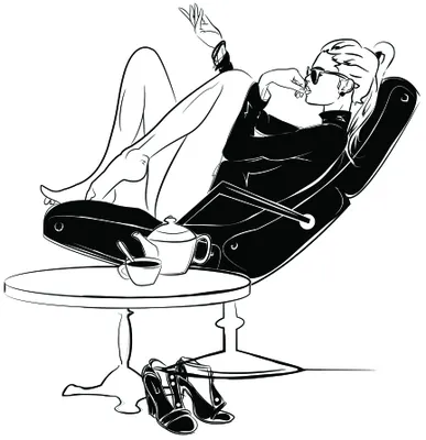 Black and white line drawing of a woman reclining in a modern chair with her feet up, holding a coffee cup, with her shoes on the floor below.