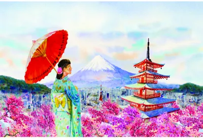 Watercolour painting of a woman in a turquoise kimono holding a red umbrella standing in a field of bright pink flowers, with Mount Fuji and a red pagoda in the background.