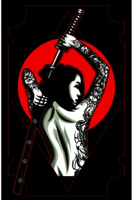 A silhouetted figure with detailed tattoo work across their arms and torso holds a katana upright, positioned against a large red circle on a black background.
