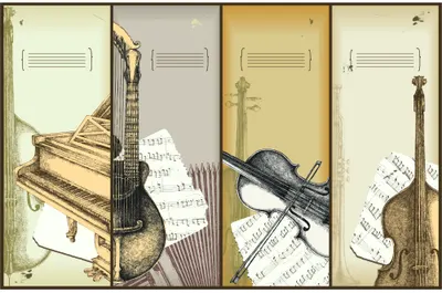 Illustration of a piano, acoustic guitar, violin, and cello arranged vertically with white sheet music pages scattered across cream and gold backgrounds.