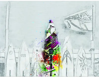 A watercolour-splashed surfboard in vibrant purples, greens and oranges stands vertically among lightly sketched outlines of other surfboards in muted grey tones.