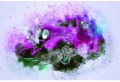 A watercolour illustration of a vintage car rendered in magenta and purple, surrounded by splashes and drips of colour fading to white background.