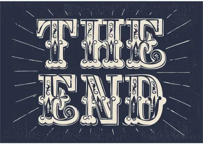 Ornate cream-coloured vintage lettering spelling 'The End' with radiating sunburst lines on a dark navy background.