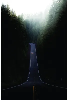 Aerial view of a narrow asphalt road stretching straight through dense green forest, with a single dark vehicle in the distance and filtered sunlight breaking through the canopy.