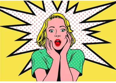 A pop art illustration of a surprised woman with blonde hair and pink cheeks wearing a green top, surrounded by bold black comic-book-style rays against a yellow background with a halftone dot pattern.