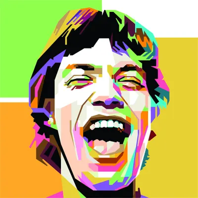 A pop art style portrait of a singing man's face with neon pink, yellow, purple, green and orange sections and black silhouette lines against a bright background.