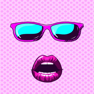 Pop art illustration of bright magenta sunglasses with cyan lenses and a magenta glossy mouth with white highlights on a pink polka dot background.