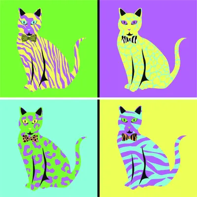 Four stylised cats with patterned bodies sit in a two-by-two grid against neon green, purple, cyan and yellow backgrounds.