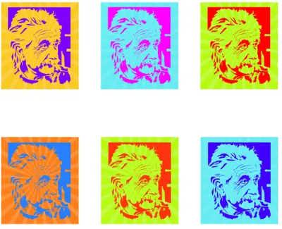 Six square canvas prints showing the same portrait of Albert Einstein rendered in different neon colour combinations in the style of 1960s pop art.