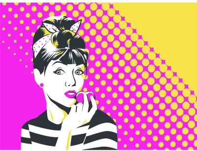 A woman's face with styled hair and headscarf, holding a banana to her mouth, rendered in high-contrast black lines against a halftone gradient of hot pink and yellow.