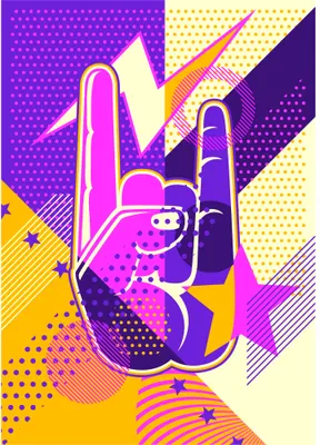 A neon pink and purple pop art style illustration of a peace hand gesture surrounded by geometric shapes, lightning bolt, and halftone dot patterns in yellow, navy and cream.