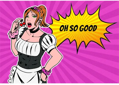 Pop art illustration of a blonde woman in a white and black maid outfit winking and holding a lollipop, with a yellow comic-style speech bubble reading 'OH SO GOOD' on a bright pink background.