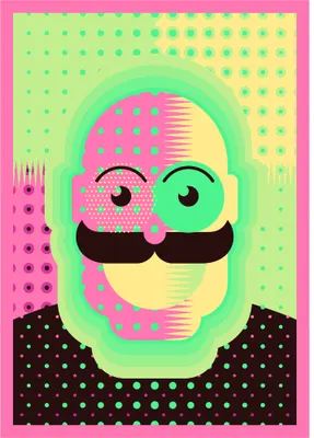 A stylised pop art portrait of a face divided into bright pink and green halves, with exaggerated cartoon eyes and a thick black moustache, wearing a black shirt against a yellow and green dotted background.