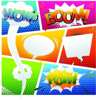 A pop art canvas featuring colourful comic speech bubbles with the words Pow, Boom, and Wow in bold lettered text against bright backgrounds of yellow, pink, orange, blue and green with halftone dot patterns.