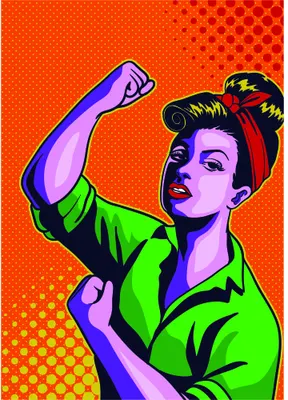 A pop art portrait of a woman with dark hair in a bun, wearing a lime green shirt, flexing her bicep against a bright orange dotted background in shades of purple and pink.