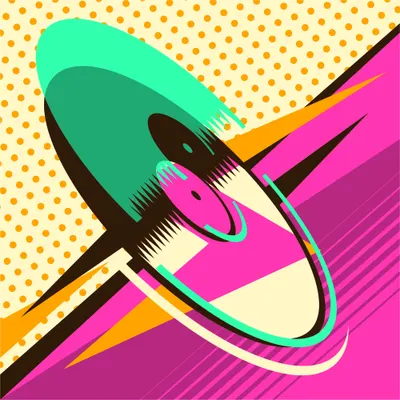A pop art illustration of a stylised planet with concentric rings in bright pink, teal and yellow, set against a cream background with small orange dots.