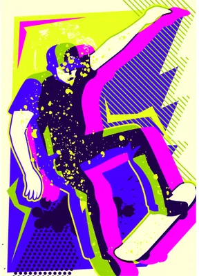 A stylised reclining figure rendered in bold blocks of neon magenta, navy blue, and lime yellow with scattered golden stars.