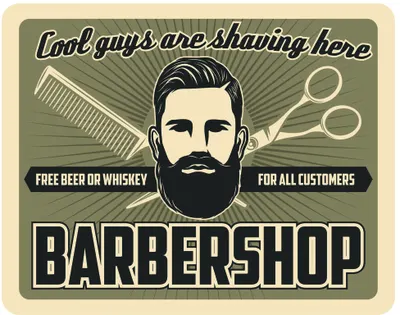 Retro poster showing a bearded man's face with scissors and comb, bold text reading 'Cool guys are having here Barbershop' on a muted green background.