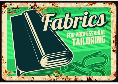 A retro-style advertisement featuring a cream rolled fabric bolt and green scissors against a green background with vintage typography reading 'Fabrics for Professional Tailoring'.