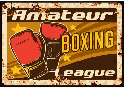Vintage-style boxing poster featuring red gloves and stars with 'Amateur Boxing League' text on a distressed tan and brown background.