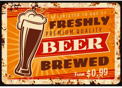 A vintage-style beer advertisement featuring a full pint glass, orange radiating background, red banner with white text reading 'Freshly Brewed Premium Quality Beer', and aged edges suggesting an old metal sign.
