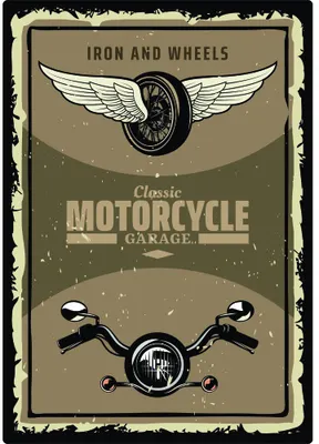 A retro poster featuring a winged motorcycle wheel at the top, handlebars at the bottom, and 'Iron and Wheels Classic Motorcycle Garage' text on a weathered cream and olive background.