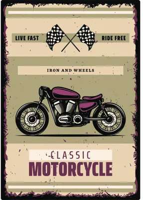 A retro-style illustration featuring a classic motorcycle with purple seat on a cream and green striped background, with black checkered flags above and text reading 'Live Fast Ride Free' and 'Iron and Wheels Classic Motorcycle'.