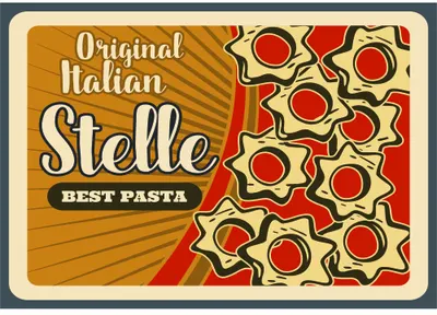 A retro-style vintage pasta box label featuring bold text reading 'Original Italian Stelle BEST PASTA' with radiating yellow lines and red and cream stella pasta shapes arranged on the right side.