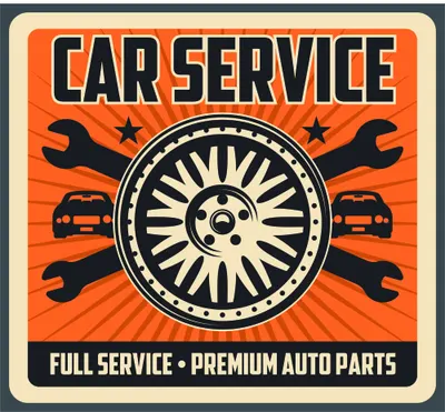A vintage-style poster with 'CAR SERVICE' in bold black letters at the top, a large cream and black wheel in the centre, black wrenches radiating outward, small car silhouettes, orange sunburst background, and 'FULL SERVICE PREMIUM AUTO PARTS' text at the bottom.