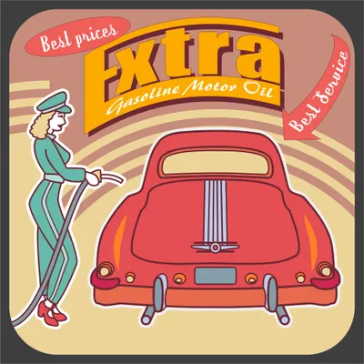 A retro illustration showing a uniformed attendant gesturing toward a red 1950s car, with 'Extra Gasoline Motor Oil' branding and vintage signage in warm yellows and reds.