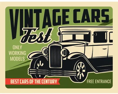 A retro poster design featuring a black silhouette of a vintage 1920s automobile on a lime green background with bold typography reading 'VINTAGE CARS FEST' and 'BEST CARS OF THE CENTURY'.