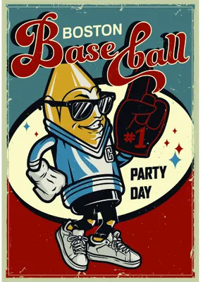 Vintage-style poster featuring a cartoon character wearing sunglasses and holding a foam finger, with 'Boston Baseball Party Day' text in red and blue lettering on a cream and red background.