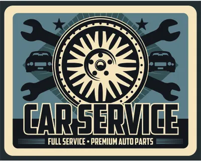 A retro poster-style design featuring a large wheel surrounded by four black wrenches, with cars at the corners and 'CAR SERVICE - FULL SERVICE PREMIUM AUTO PARTS' text below on a cream and teal background.