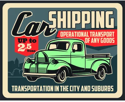 A retro-styled poster featuring a green 1940s delivery truck with bold red and cream lettering advertising shipping services.