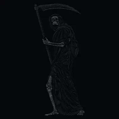 A skeletal figure draped in flowing robes holds a curved scythe, rendered in white line art against a black background.