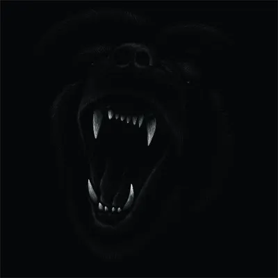 Silhouette of a bear's head with open mouth and visible fangs against a black background, rendered in high contrast grayscale.